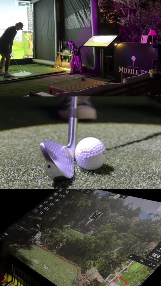 Details of Mobile Tee's simulator, golf equipment, and touchscreen